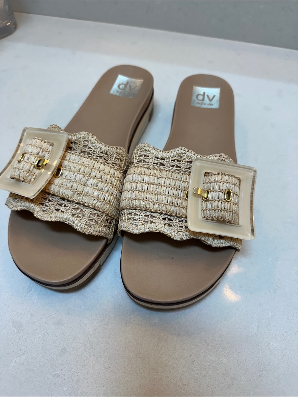 DV by Dolce Vita Neutral Raffia Slide Sandals with Decorative Buckle - Size 9